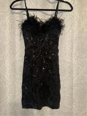 Windsor Black Feather-Trim Sequin Mini Dress